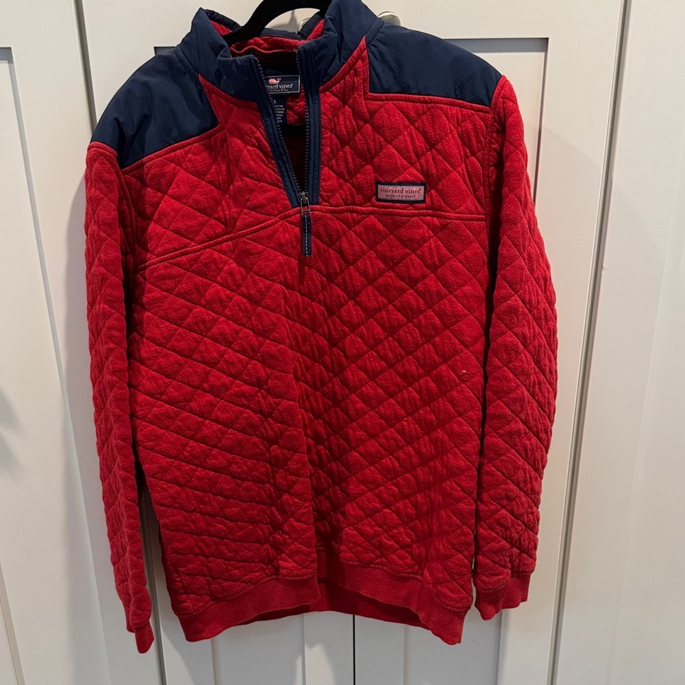 Vineyard Vines Red Quilted Shepp Pullover with Navy Details